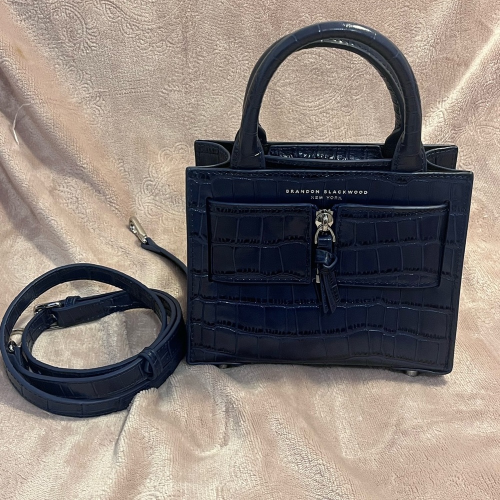 Brandon Blackwood Kuei® Bag in Navy Croc Embossed Leather with Silver Hardware
